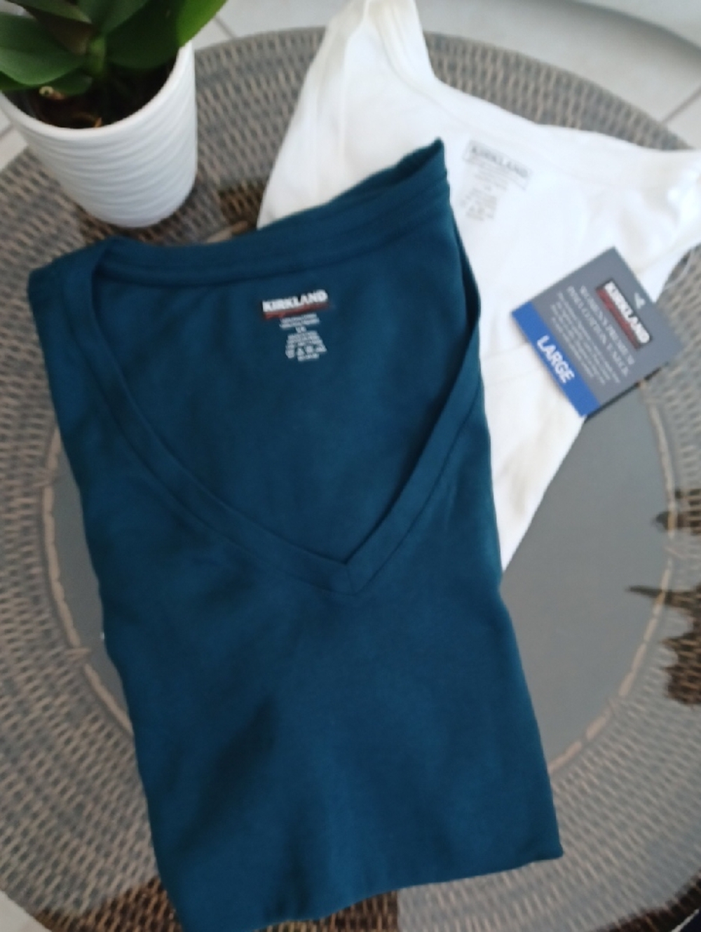 NWT & NWOT.  2 Kirkland V-Neck Tees - 1 Each White & Teal